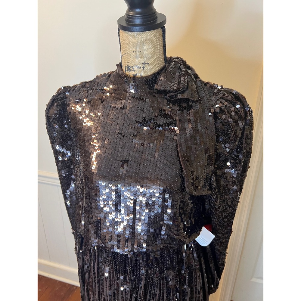 Mac Duggal 93642 Sequin Bow Shoulder Long Sleeve Midi cocktail Dress brown - Picture 8 of 16